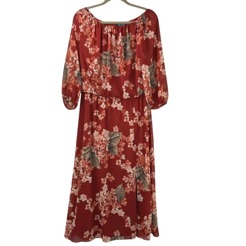 Lauren Ralph Lauren Women's Size 14 Floral Pattern Midi Dress 3/4 Sleeve Red